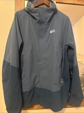 REI Two-Tone Blue Hooded Rain Jacket